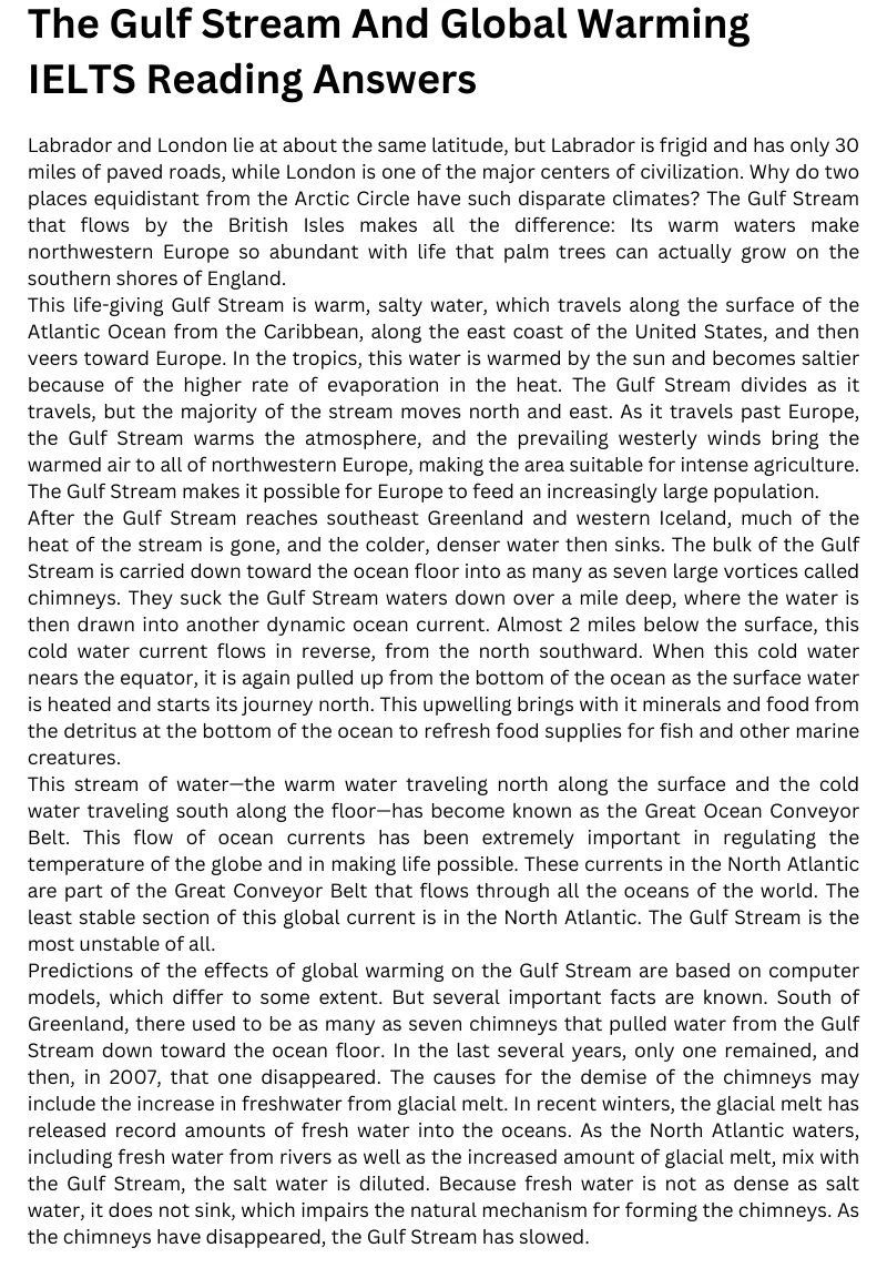 The Gulf Stream And Global Warming IELTS Reading Answers The Gulf Stream And Global Warming IELTS Reading Answers