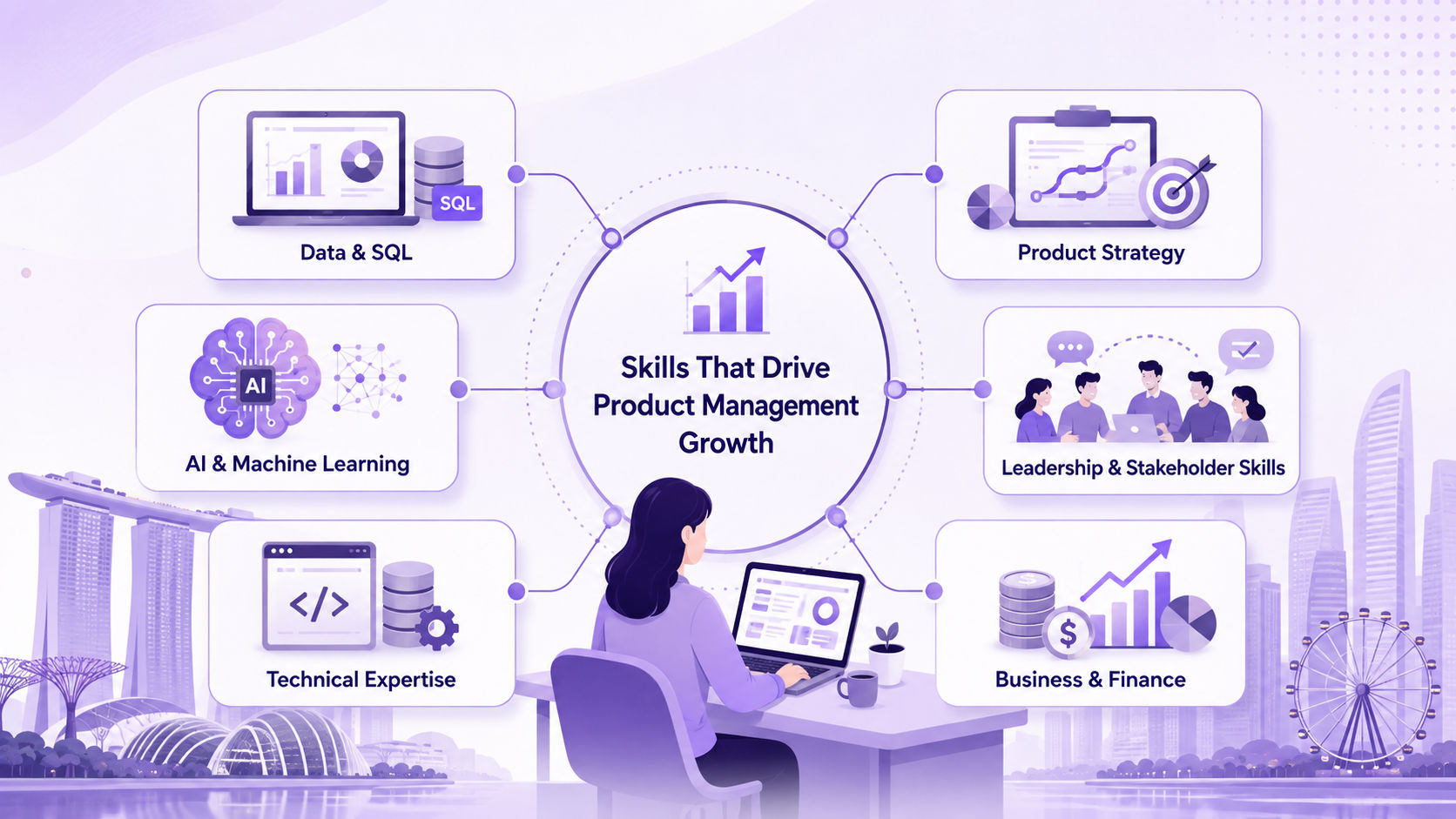 Product Management skills including data and SQL, AI and machine learning, technical expertise, product strategy, leadership, and business and finance.