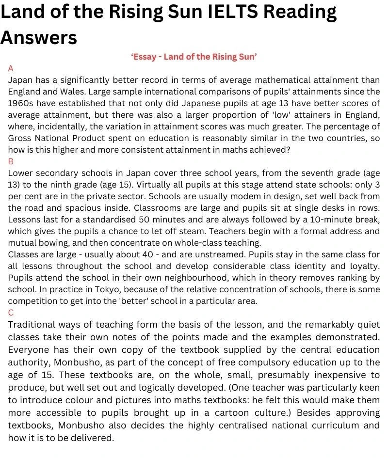 Land of the Rising Sun IELTS Reading Answers Sample for Applicants
