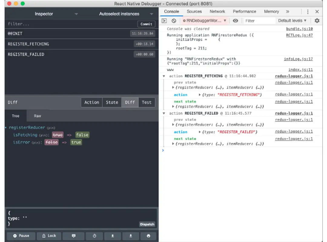 Dashboard of React Native Debugger