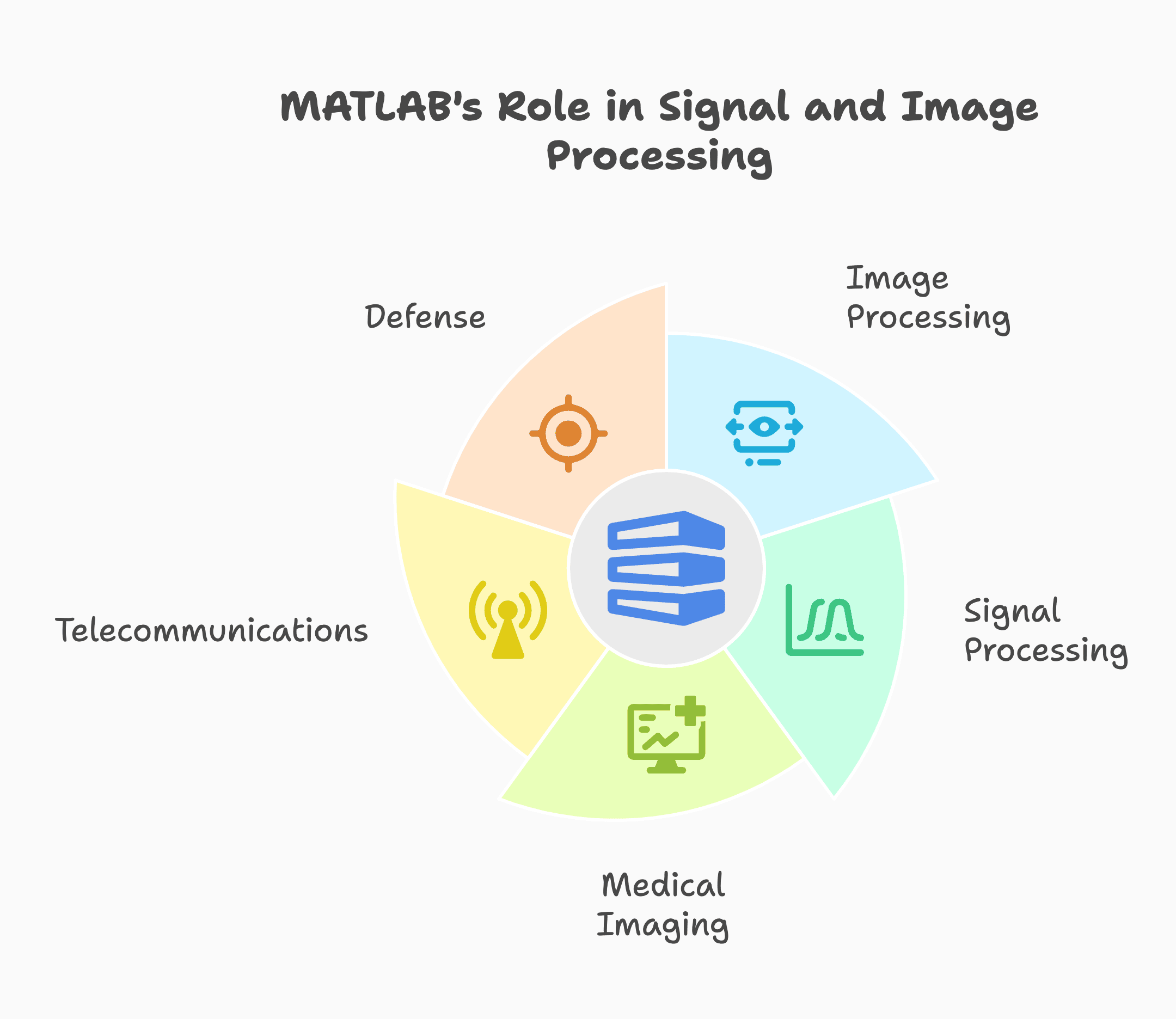 Diagram showing MATLAB's role in signal/image processing for defense, telecommunications, and medical imaging