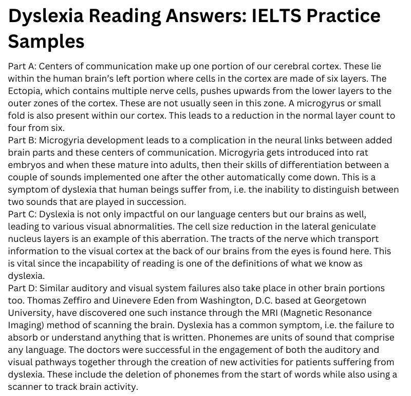 Dyslexia Reading Answers: IELTS Practice Samples Dyslexia Reading Answers: IELTS Practice Samples