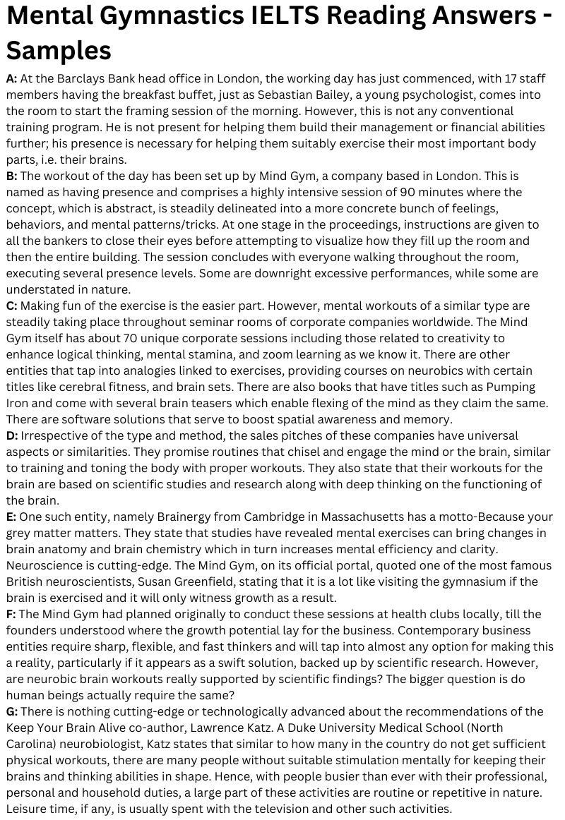 Mental Gymnastics IELTS Reading Answers - Samples Mental Gymnastics IELTS Reading Answers - Samples