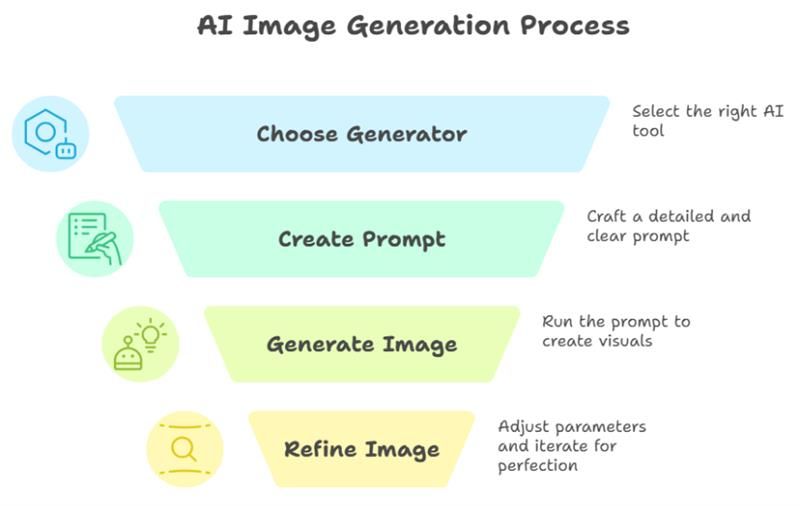 AI image generation process showing steps: choose generator, create prompt, generate image, and refine image.