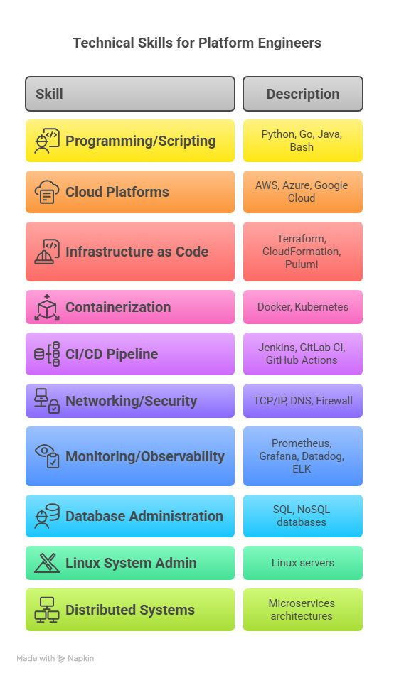 Below are the most critical technical skills for platform engineers