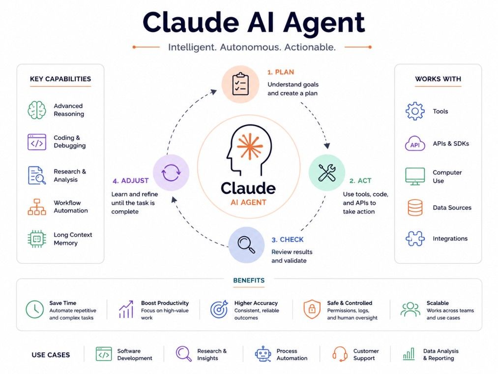 A clean infographic explaining Claude AI Agent, showing its Plan–Act–Check–Adjust workflow, key capabilities, integrations, benefits, and common use cases on a white background with modern tech-style icons. A clean infographic explaining Claude AI Agent, showing its Plan–Act–Check–Adjust workflow, key capabilities, integrations, benefits, and common use cases on a white background with modern tech-style icons.