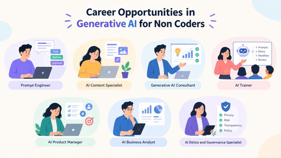 Seven Generative AI career opportunities for non coders, including Prompt Engineer, AI Content Specialist, AI Consultant, AI Trainer, AI Product Manager, AI Business Analyst, and AI Ethics and Governance Specialist. Seven Generative AI career opportunities for non coders, including Prompt Engineer, AI Content Specialist, AI Consultant, AI Trainer, AI Product Manager, AI Business Analyst, and AI Ethics and Governance Specialist.