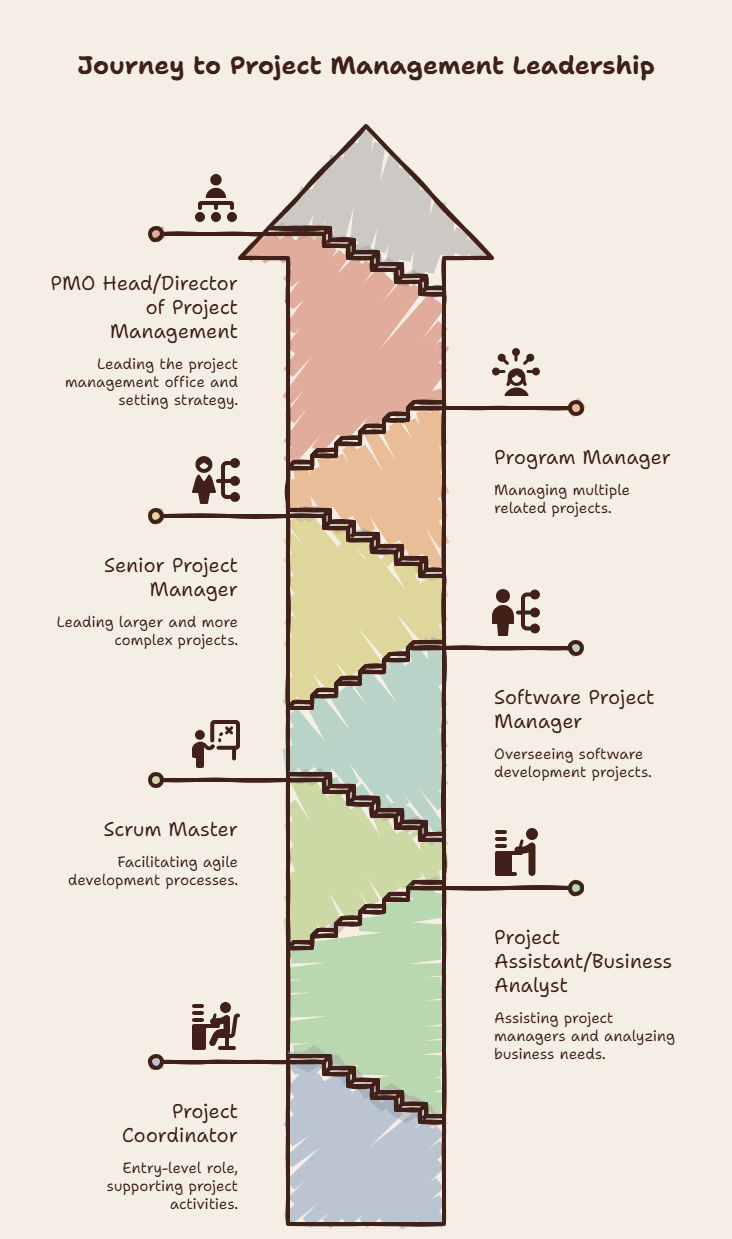 Career path in software project management from Project Coordinator to PMO Head/Director of Project Management.
