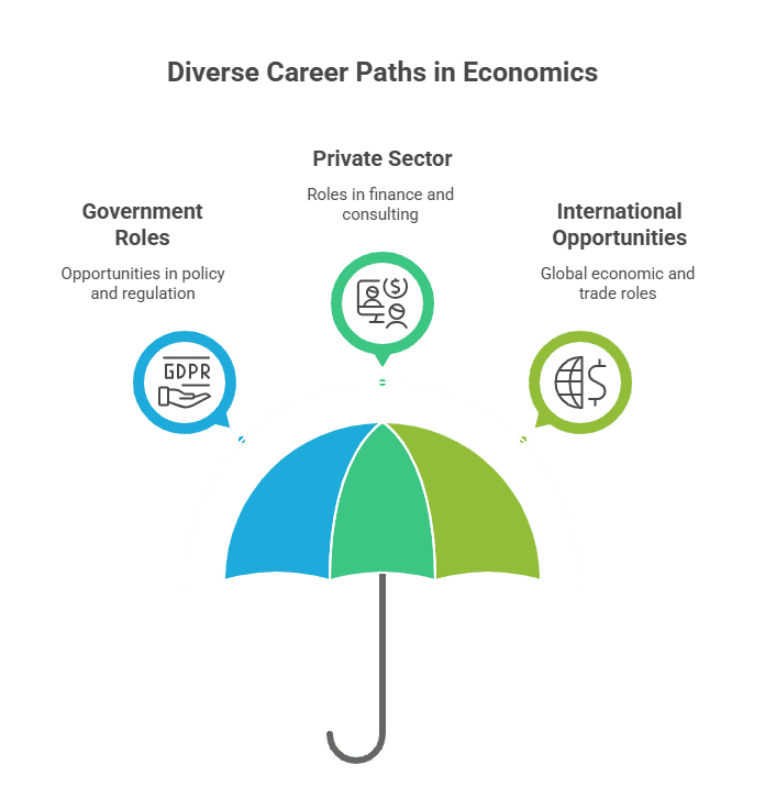 Infographic titled 'Diverse Career Paths in Economics' with an umbrella illustration representing three career options: Government Roles (opportunities in policy and regulation), Private Sector (roles in finance and consulting), and International Opportun
