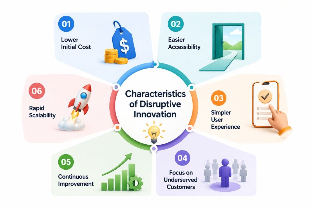 Infographic illustrating the six key characteristics of disruptive innovation arranged around a central hub. The design highlights lower initial cost, easier accessibility, simpler user experience, focus on underserved customers, continuous improvement, a Infographic illustrating the six key characteristics of disruptive innovation arranged around a central hub. The design highlights lower initial cost, easier accessibility, simpler user experience, focus on underserved customers, continuous improvement, a