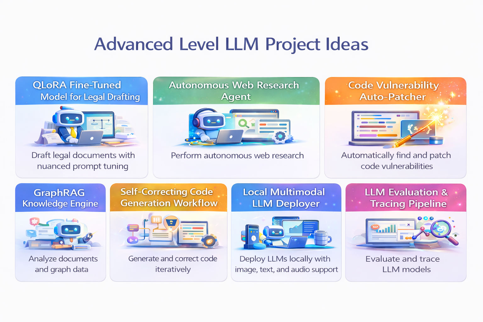 Infographic for Advanced LLM Project ideas in a clean grid on a white background, each with a simple icon, title, and short line including QLoRA legal drafting model, autonomous research agent, code auto-patcher, GraphRAG engine etc. Infographic for Advanced LLM Project ideas in a clean grid on a white background, each with a simple icon, title, and short line including QLoRA legal drafting model, autonomous research agent, code auto-patcher, GraphRAG engine etc.
