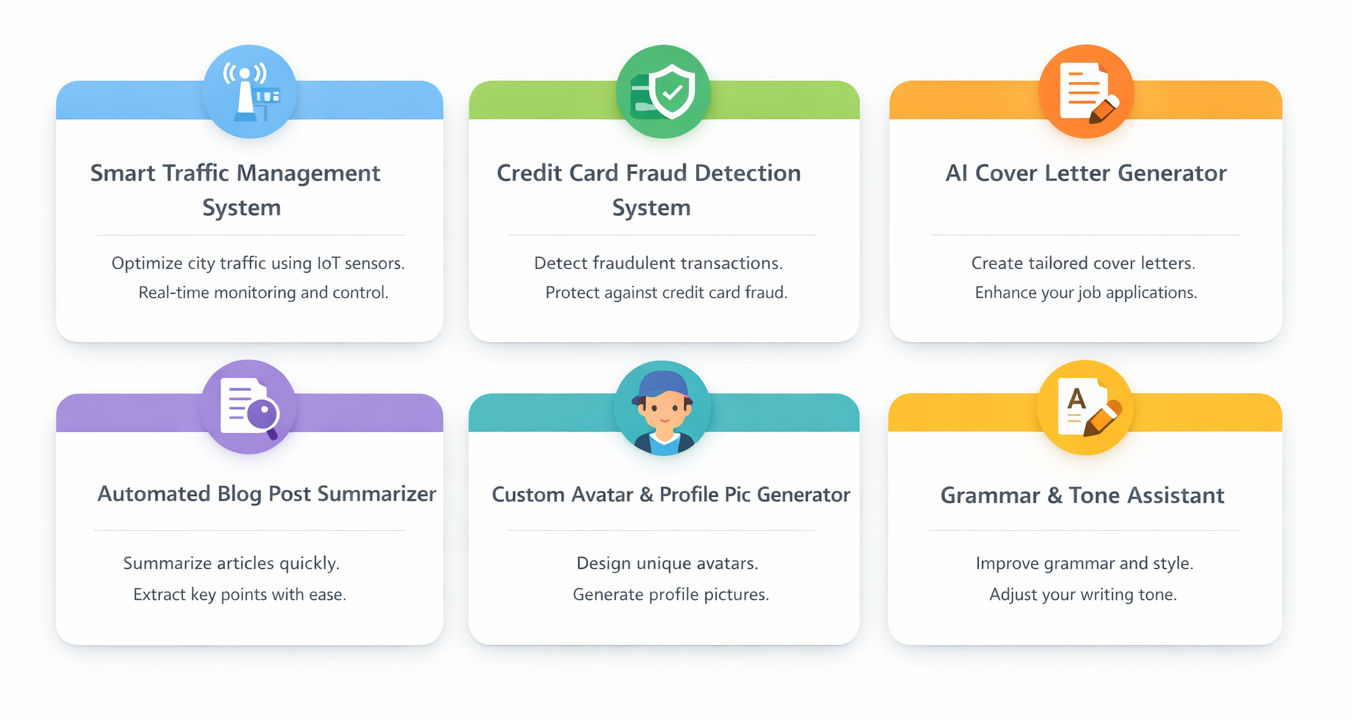 Clean, modern educational infographic with six rounded cards arranged in a two-row grid on a white background. Each card features a pastel header, flat icon, bold title, and short description, covering projects like smart traffic management, fraud detecti Clean, modern educational infographic with six rounded cards arranged in a two-row grid on a white background. Each card features a pastel header, flat icon, bold title, and short description, covering projects like smart traffic management, fraud detecti