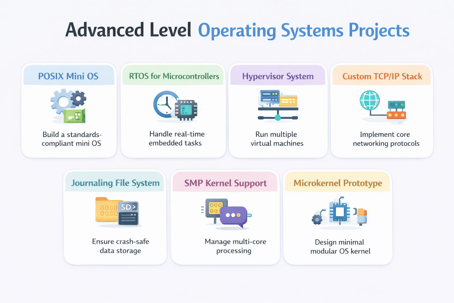 Advanced Operating Systems Projects infographic with 7 rounded cards in two rows. Pastel headers, simple OS icons, bold titles, and short lines. Includes POSIX OS, RTOS, hypervisor, TCP/IP stack, journaling file system, SMP kernel, and microkernel. Advanced Operating Systems Projects infographic with 7 rounded cards in two rows. Pastel headers, simple OS icons, bold titles, and short lines. Includes POSIX OS, RTOS, hypervisor, TCP/IP stack, journaling file system, SMP kernel, and microkernel.