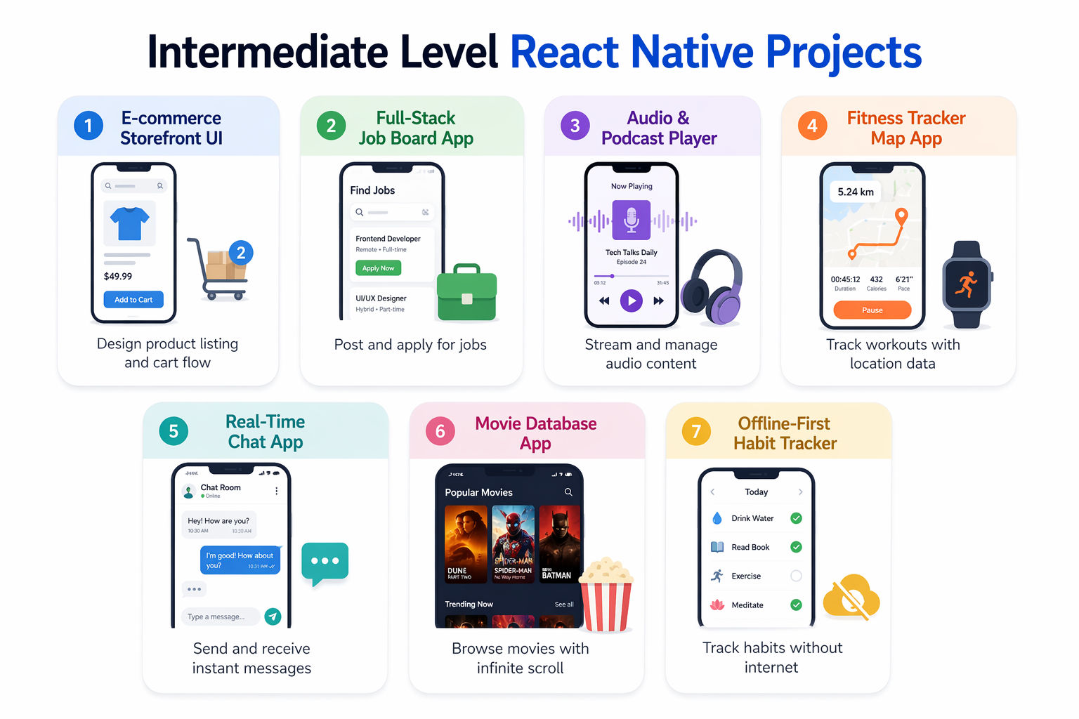 Intermediate React Native Projects infographic with 7 cards, pastel headers, app icons, and short lines covering e-commerce UI, job board, audio player, fitness tracker, chat app, movie app, and habit tracker.