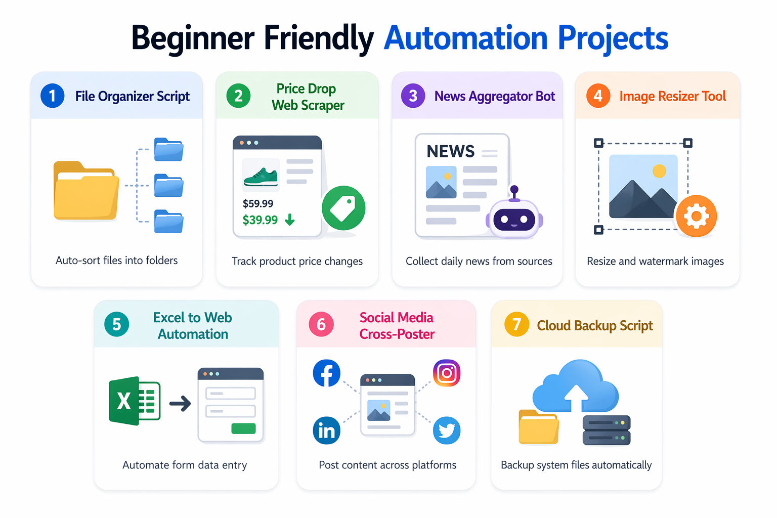 Beginner Automation Projects infographic with 7 cards in a grid, pastel headers, automation icons, and short lines covering file organizer, price scraper, news bot, image resizer, Excel automation, social poster, and cloud backup. Beginner Automation Projects infographic with 7 cards in a grid, pastel headers, automation icons, and short lines covering file organizer, price scraper, news bot, image resizer, Excel automation, social poster, and cloud backup.