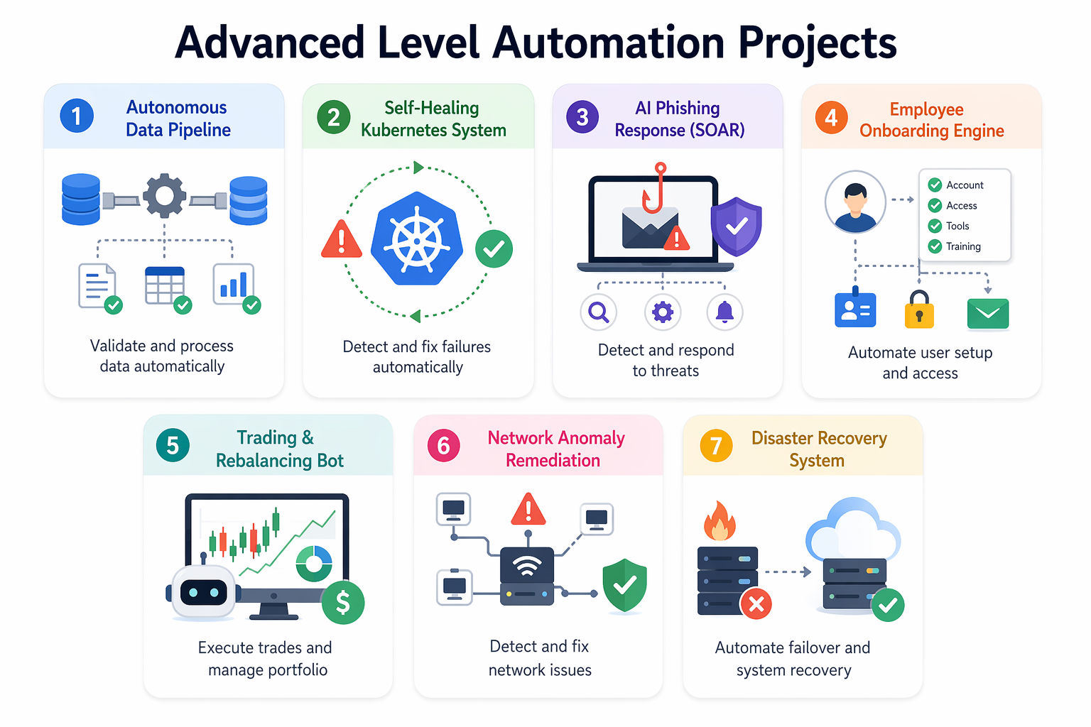 Advanced Automation Projects infographic with 7 cards, pastel headers, automation icons, and short lines covering data pipeline, self-healing Kubernetes, AI phishing response, onboarding engine, trading bot, network remediation. Advanced Automation Projects infographic with 7 cards, pastel headers, automation icons, and short lines covering data pipeline, self-healing Kubernetes, AI phishing response, onboarding engine, trading bot, network remediation.