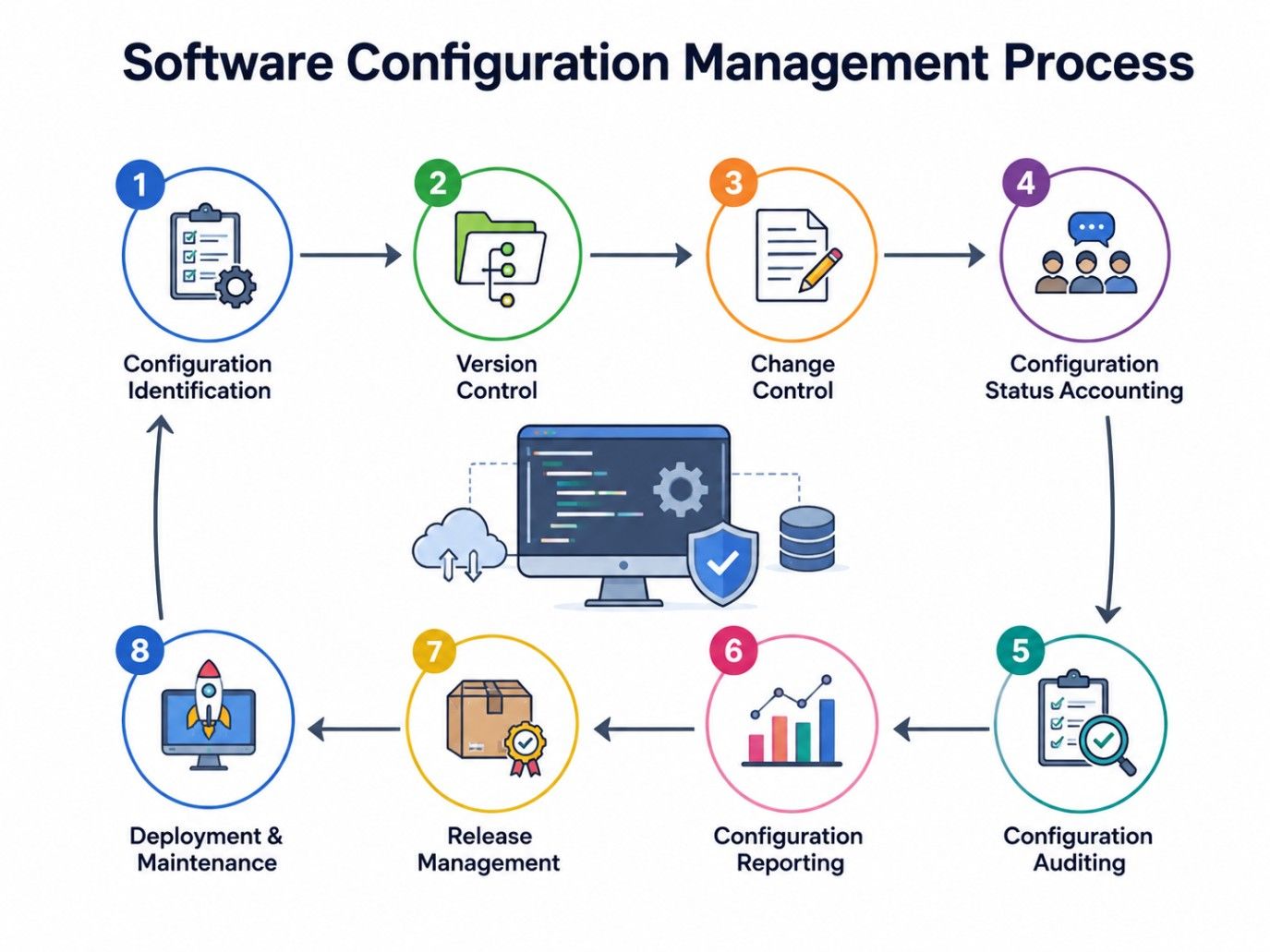 Software configuration management process infographic showing eight key stages from configuration identification and version control to auditing, reporting, release, and deployment.