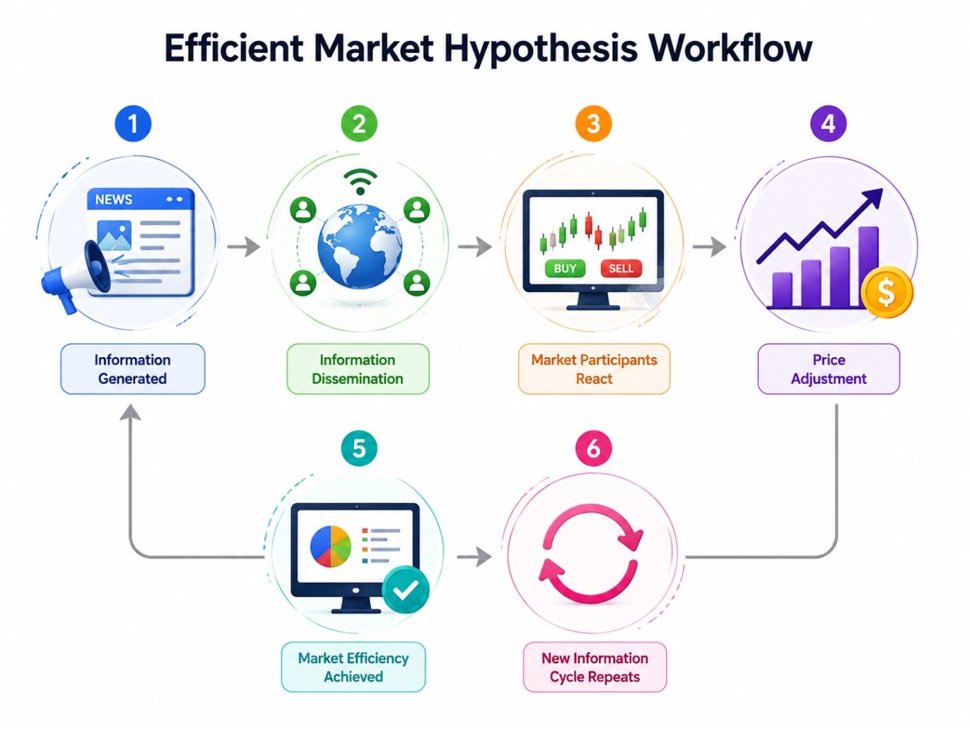 Efficient Market Hypothesis workflow showing how market information is reflected in stock prices, from information arrival and investor analysis to price adjustment, market efficiency, and investment decisions.