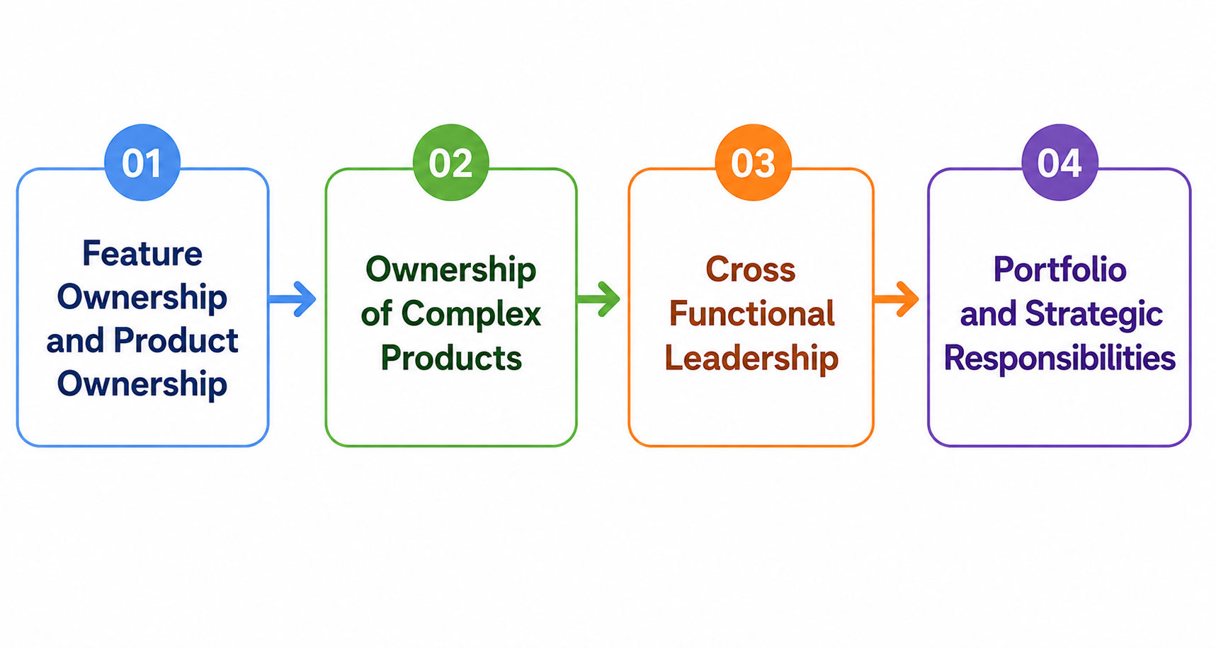 Four levels of product management responsibility from feature and product ownership to complex products, cross-functional leadership, and strategic portfolio responsibilities. Four levels of product management responsibility from feature and product ownership to complex products, cross-functional leadership, and strategic portfolio responsibilities.