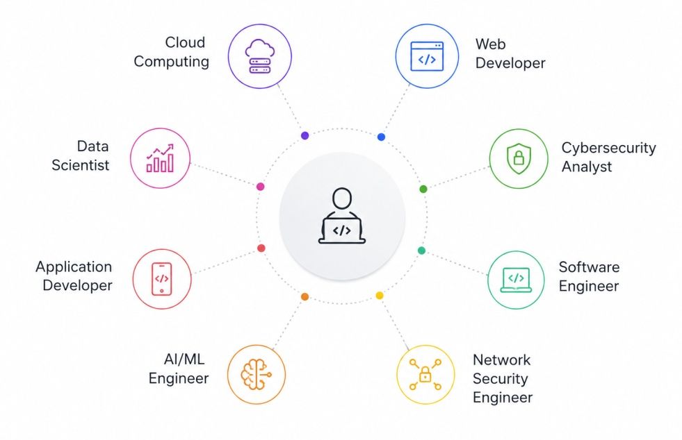 Illustration showing career opportunities after 12th Computer Science, featuring key tech roles like cloud computing, web developer, software engineer.
