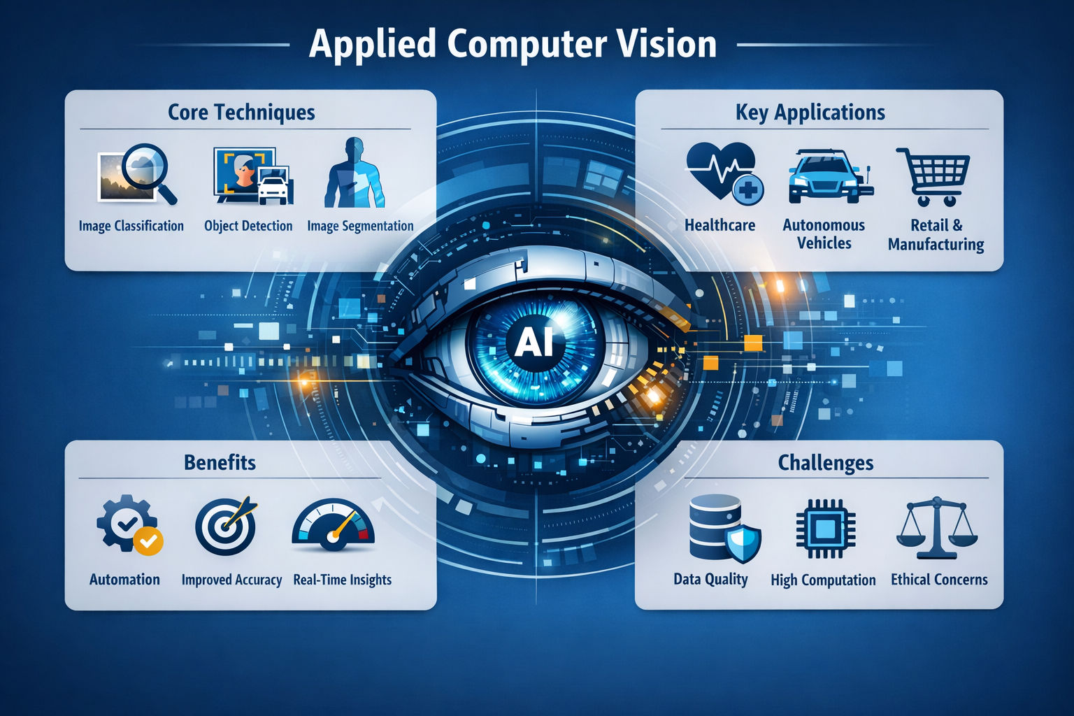 Applied computer vision diagram showing AI eye with techniques, applications, benefits, and challenges.