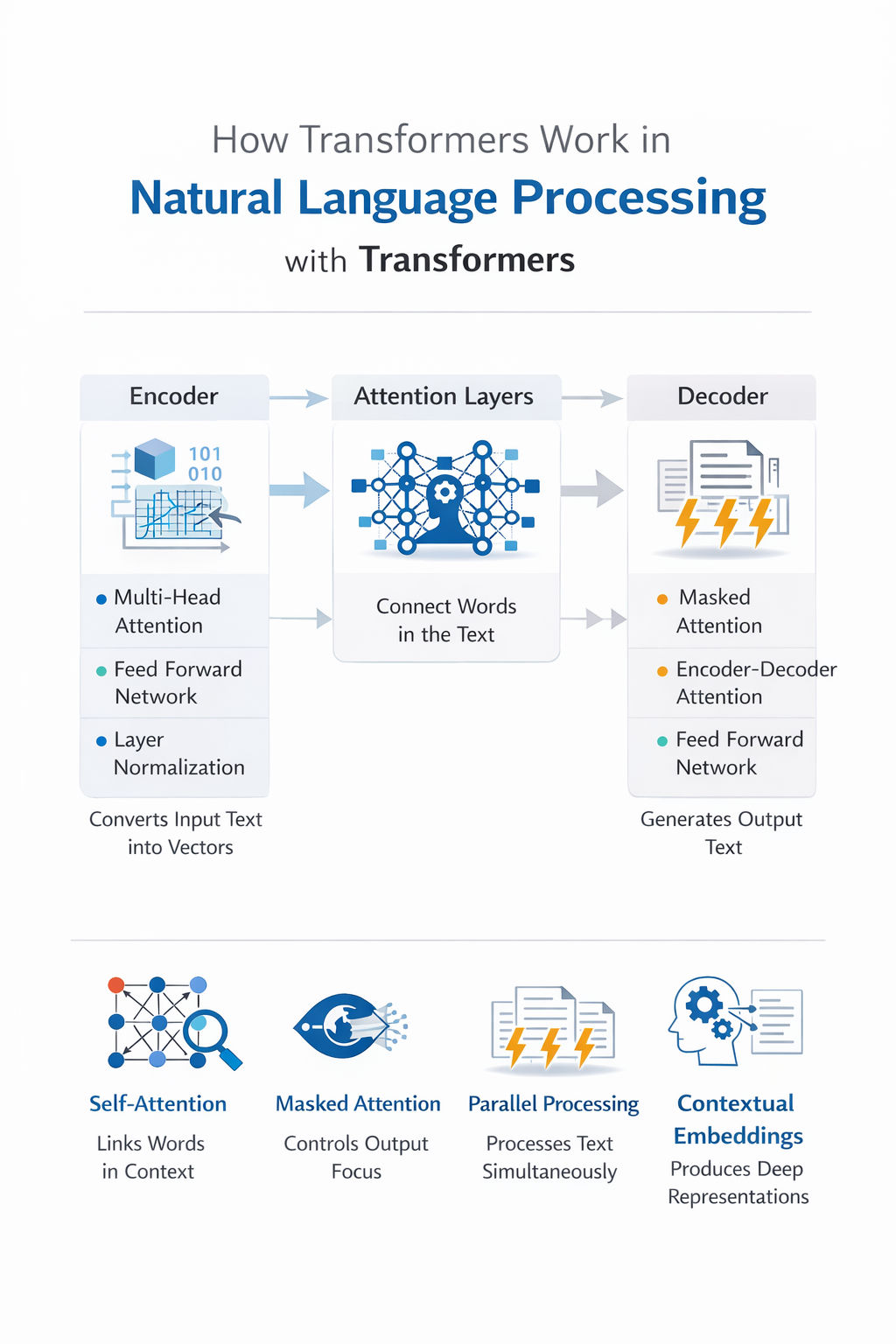 Infographic titled “How Transformers Work in Natural Language Processing with Transformers” showing Encoder, Attention Layers, and Decoder blocks, with icons for multi head attention, masked attention, parallel processing, and contextual embeddings.