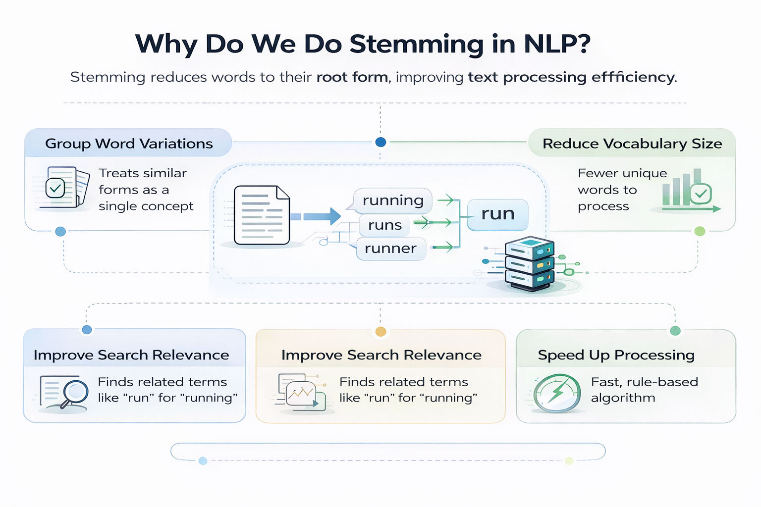 Infographic explaining why do we do stemming in NLP, showing how word variations are reduced to a common root to improve efficiency and search relevance. Infographic explaining why do we do stemming in NLP, showing how word variations are reduced to a common root to improve efficiency and search relevance.