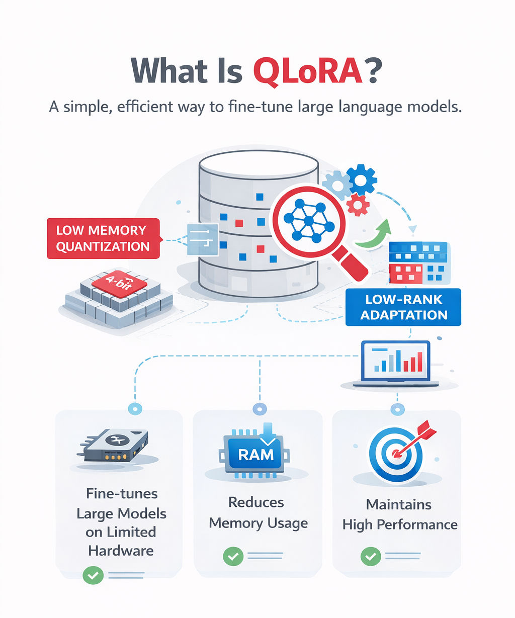 Minimal white-background infographic explaining QLoRA in a beginner-friendly way, showing low-memory quantization, low-rank adaptation, reduced RAM usage, and high performance through simple tech icons and visuals for easy understanding. Minimal white-background infographic explaining QLoRA in a beginner-friendly way, showing low-memory quantization, low-rank adaptation, reduced RAM usage, and high performance through simple tech icons and visuals for easy understanding.