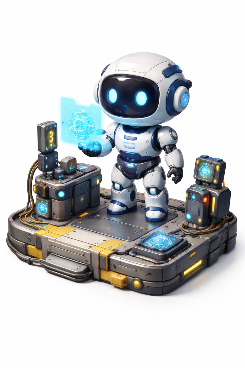 3D-rendered AI model showing a futuristic robot standing on a digital platform, interacting with a holographic interface, representing an example of an AI-generated 3D model used for visualization and design. 3D-rendered AI model showing a futuristic robot standing on a digital platform, interacting with a holographic interface, representing an example of an AI-generated 3D model used for visualization and design.