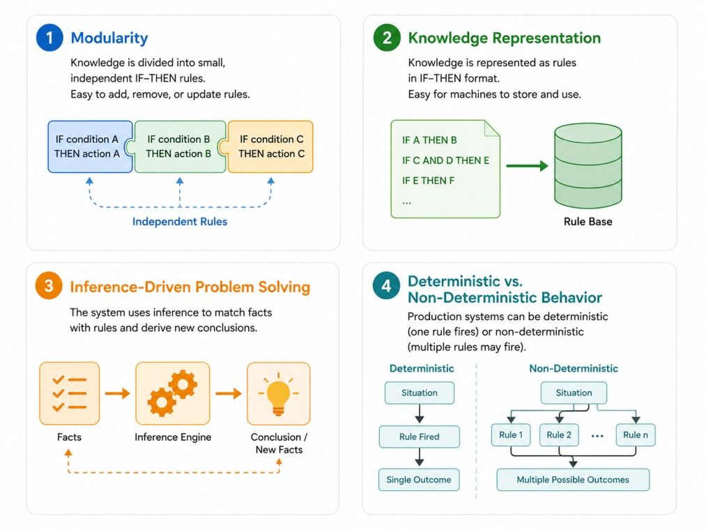 Diagram showing production system features: modular rules, knowledge representation, inference-driven problem solving, and deterministic vs. non-deterministic behavior.