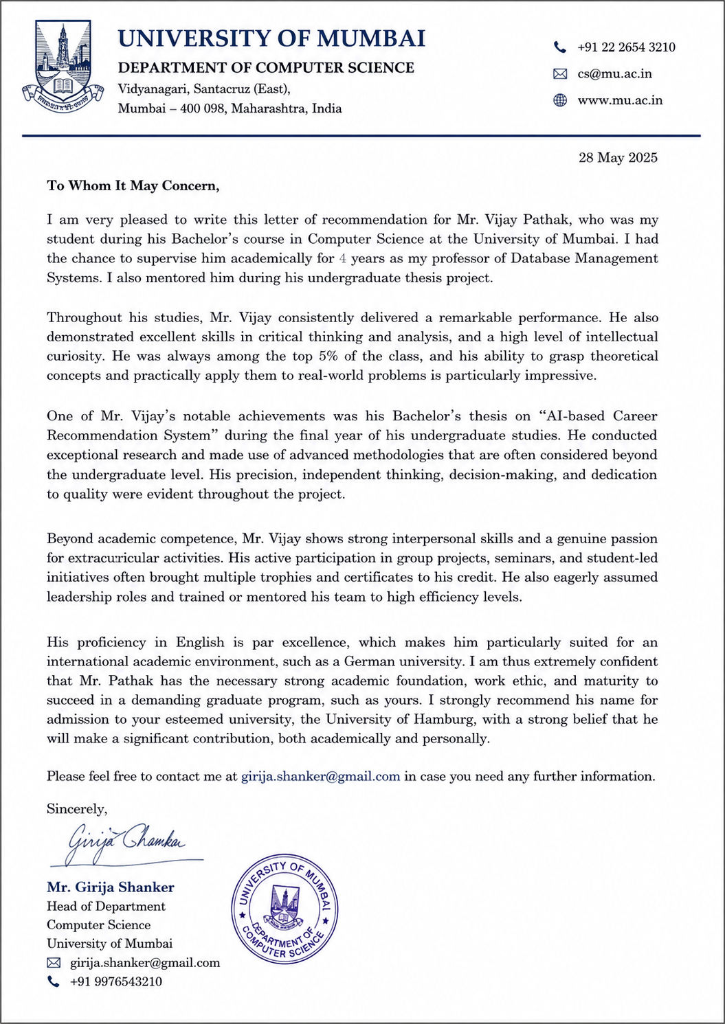 Sample Letter of Recommendation (LOR) for German universities on official university letterhead, showing the recommended format, academic achievements, recommender details, signature, and institutional seal for a Master's application.
