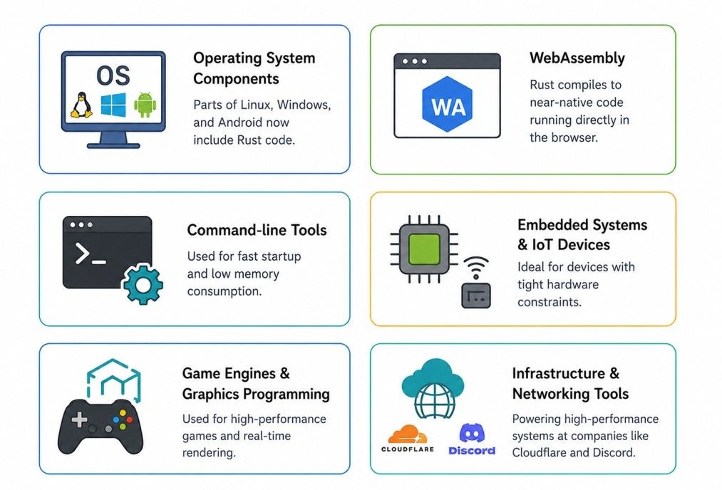 Infographic showing where Rust is used, including operating systems, WebAssembly, command-line tools, embedded systems, game development, and networking infrastructure. Infographic showing where Rust is used, including operating systems, WebAssembly, command-line tools, embedded systems, game development, and networking infrastructure.