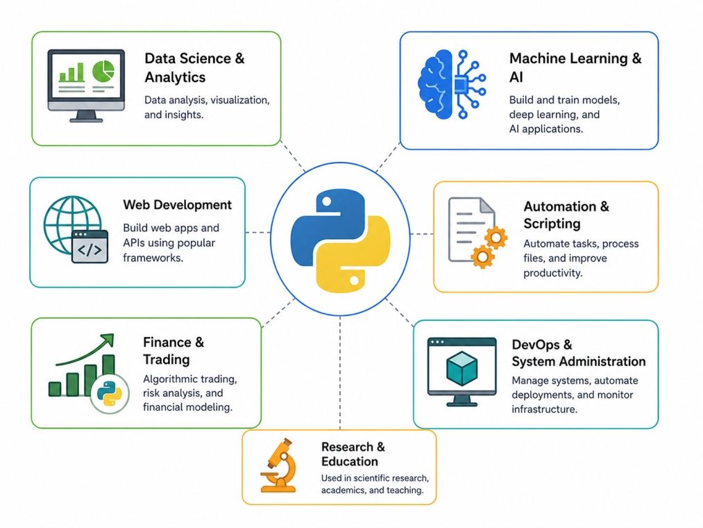 Infographic showing where Python is used, including data science, AI, web development, automation, scientific research, backend APIs, and programming education. Infographic showing where Python is used, including data science, AI, web development, automation, scientific research, backend APIs, and programming education.