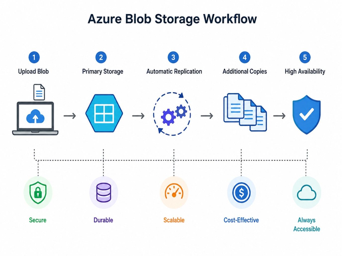 Azure Blob Storage workflow showing upload, storage, replication, and high availability process. Azure Blob Storage workflow showing upload, storage, replication, and high availability process.