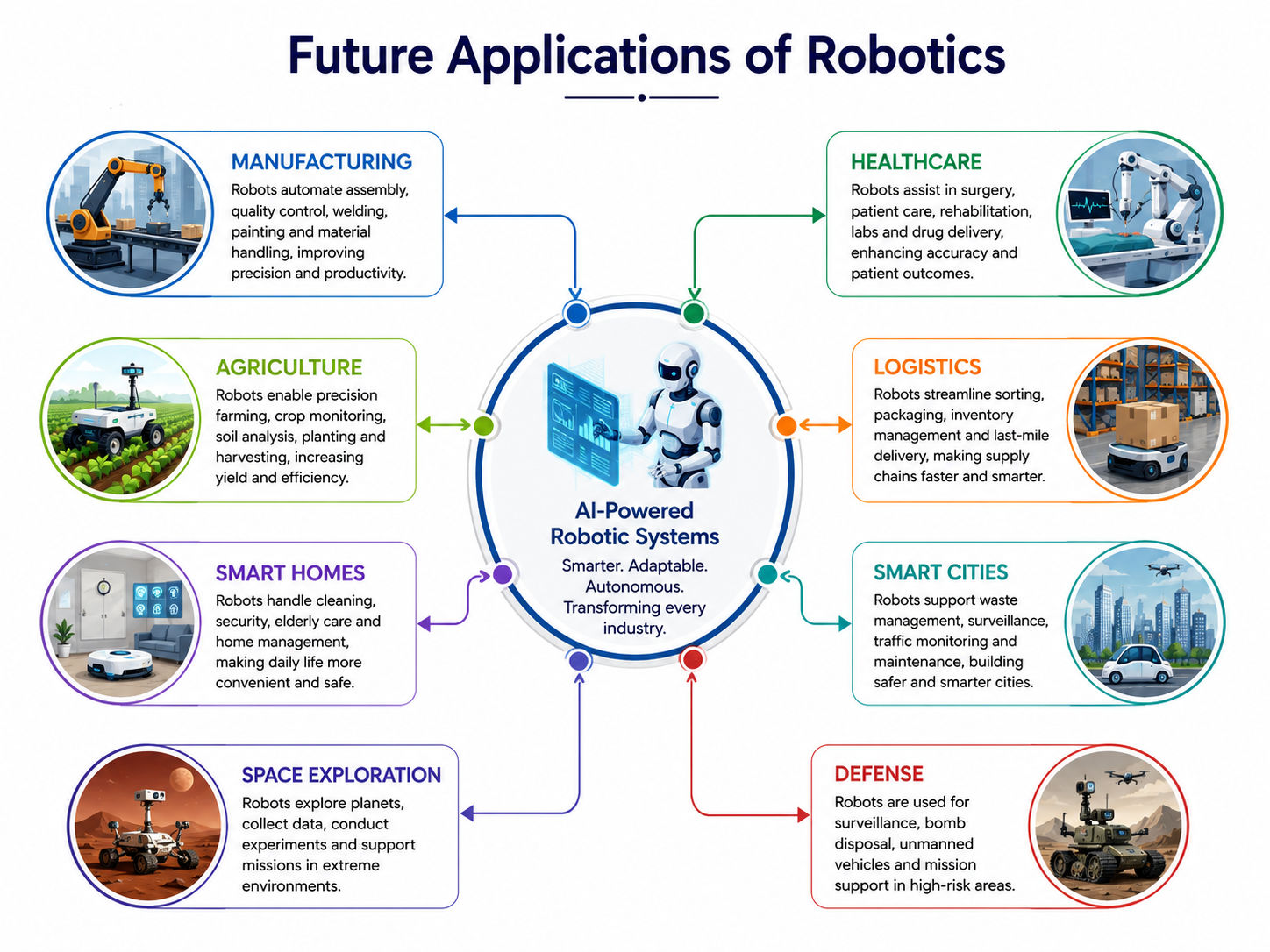 Future Applications of Robotics Across Industries infographic showing AI-powered robotics in manufacturing, healthcare, agriculture, logistics, smart homes, smart cities, space exploration, and defense. Future Applications of Robotics Across Industries infographic showing AI-powered robotics in manufacturing, healthcare, agriculture, logistics, smart homes, smart cities, space exploration, and defense.