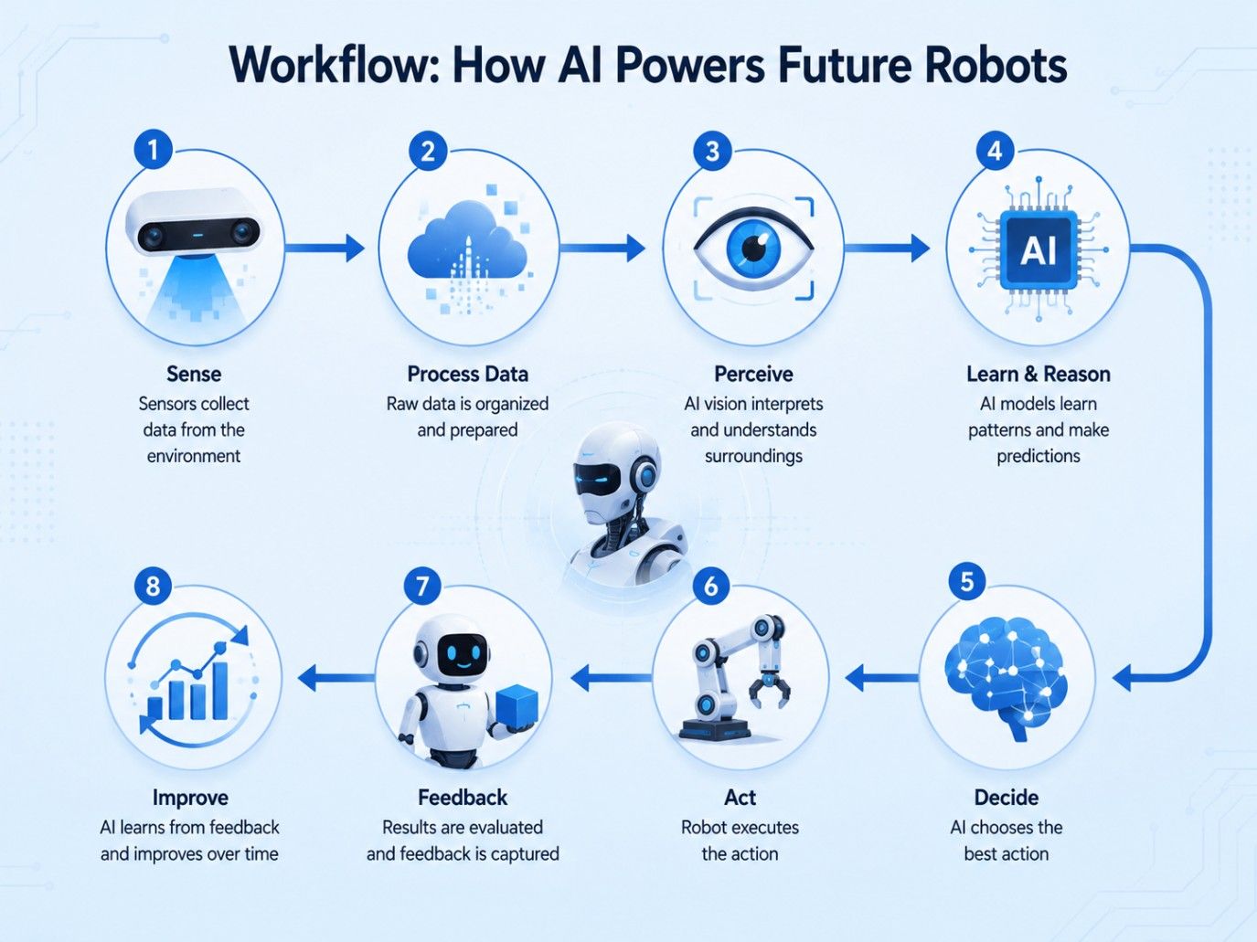 Workflow showing how AI powers future robots through sensing, data processing, perception, learning, decision-making, action, feedback, and continuous improvement. Workflow showing how AI powers future robots through sensing, data processing, perception, learning, decision-making, action, feedback, and continuous improvement.
