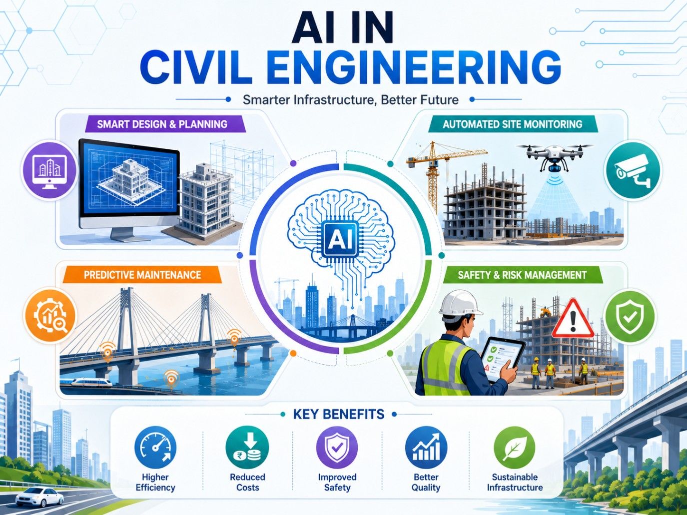 AI in Civil Engineering infographic showing key applications, technologies, and benefits in infrastructure and construction. AI in Civil Engineering infographic showing key applications, technologies, and benefits in infrastructure and construction.
