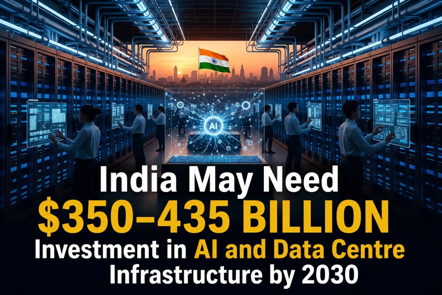 Futuristic AI data centre in India illustrating the country's projected $350–435 billion AI infrastructure investment by 2030.