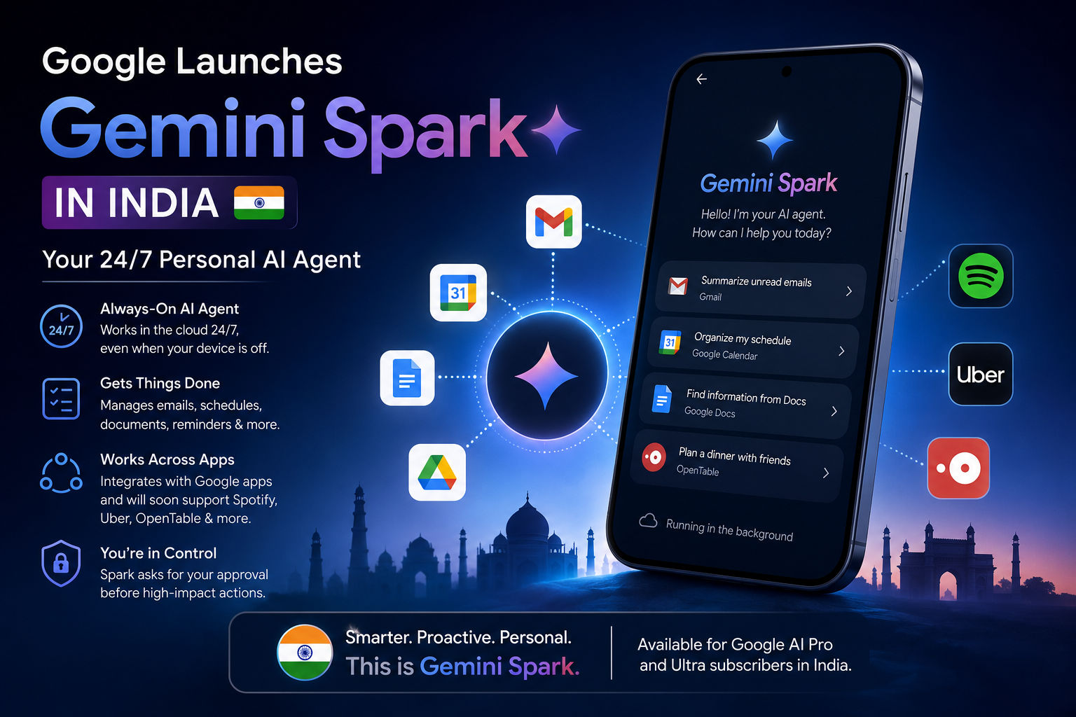 Google Gemini Spark AI agent launched in India with 24/7 cloud-based task automation. Google Gemini Spark AI agent launched in India with 24/7 cloud-based task automation.