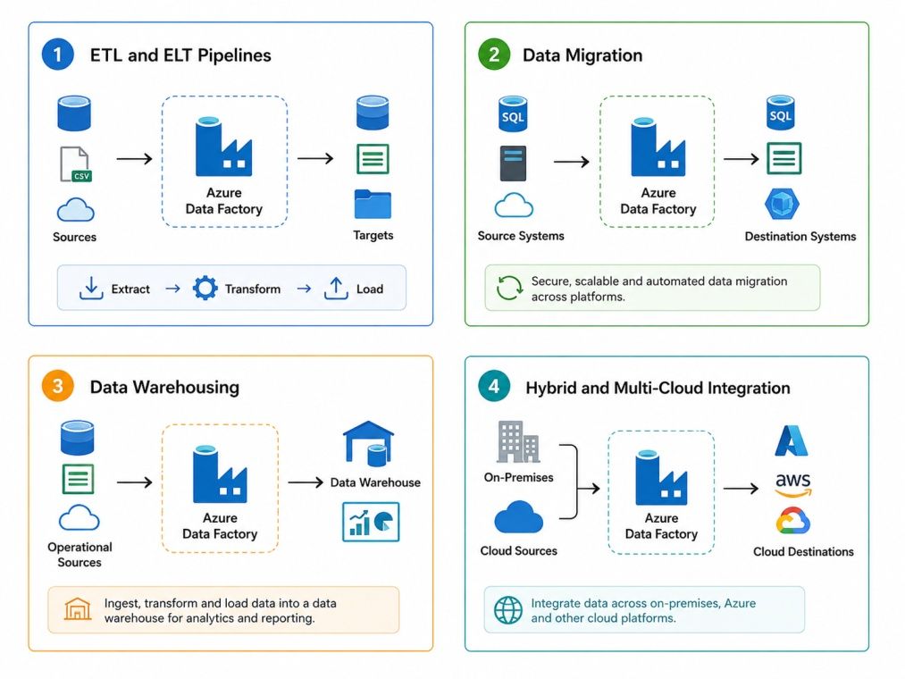 Infographic showing Azure Data Factory use cases, including ETL/ELT pipelines, data migration, data warehousing, and hybrid multi-cloud integration. Infographic showing Azure Data Factory use cases, including ETL/ELT pipelines, data migration, data warehousing, and hybrid multi-cloud integration.