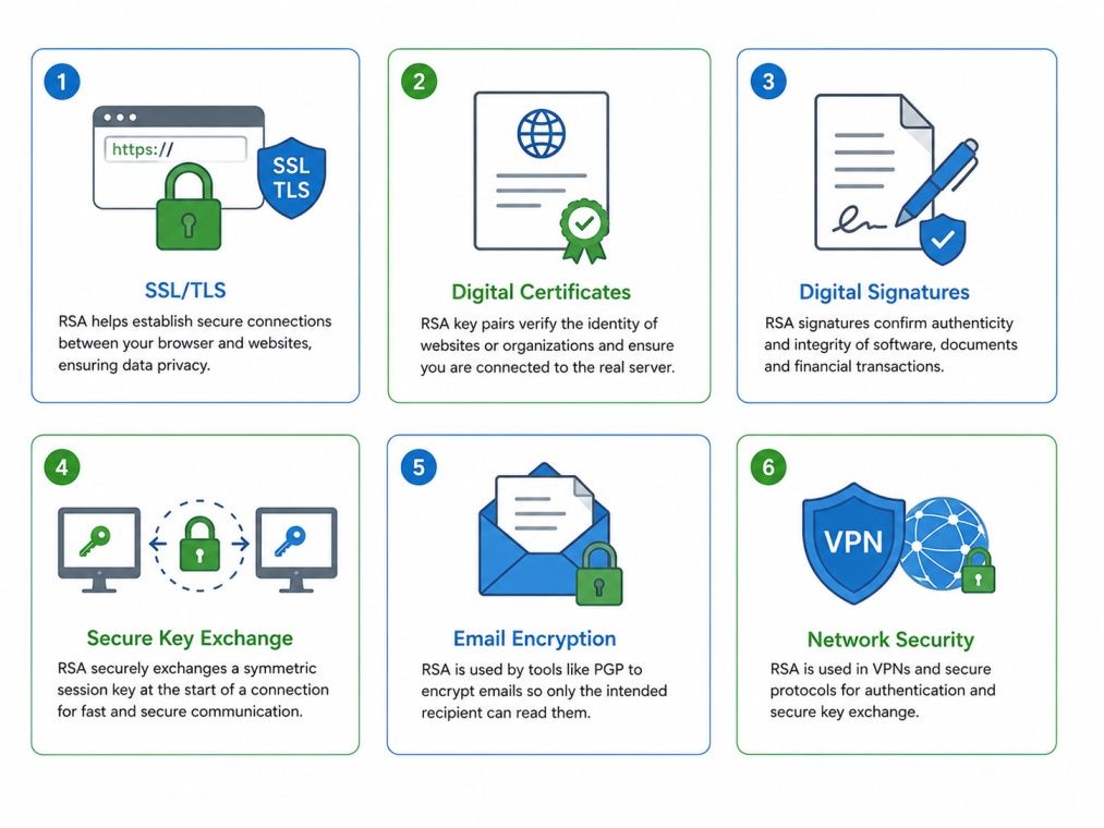 Infographic showing six RSA algorithm applications: SSL/TLS, digital certificates, digital signatures, secure key exchange, email encryption, and network security. Infographic showing six RSA algorithm applications: SSL/TLS, digital certificates, digital signatures, secure key exchange, email encryption, and network security.