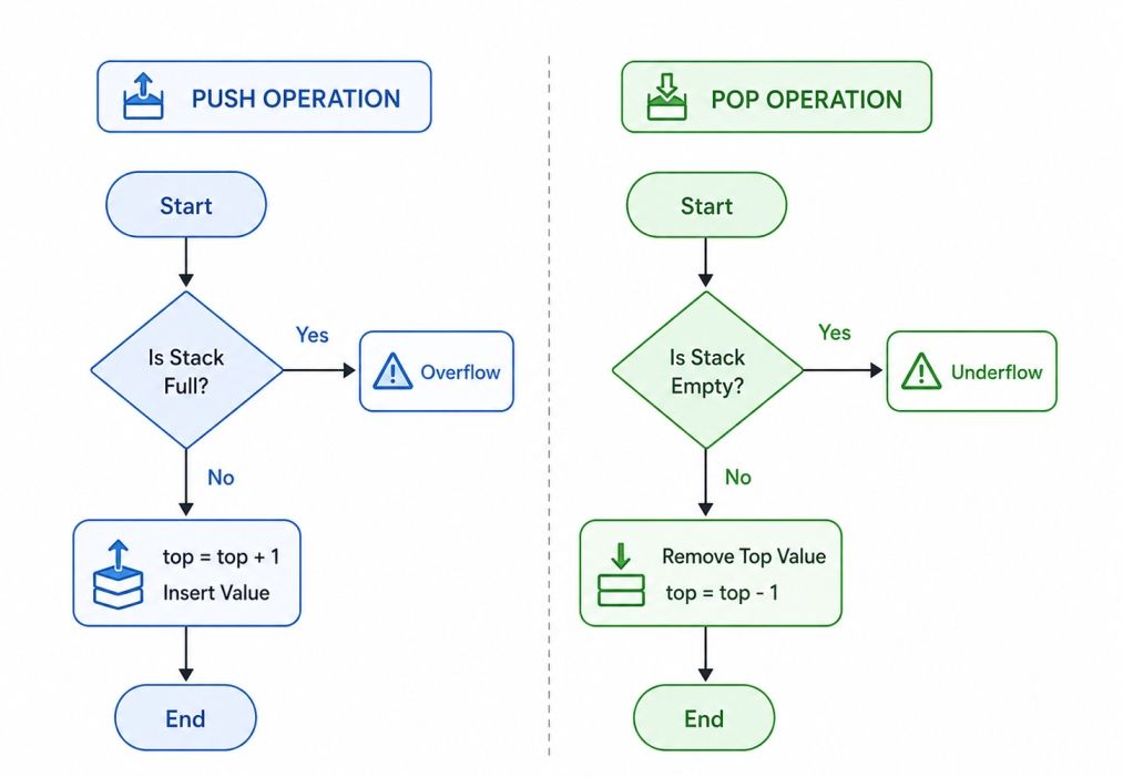 Infographic showing flowcharts for stack push and pop operations, including checks for overflow and underflow before inserting or removing the top element.
