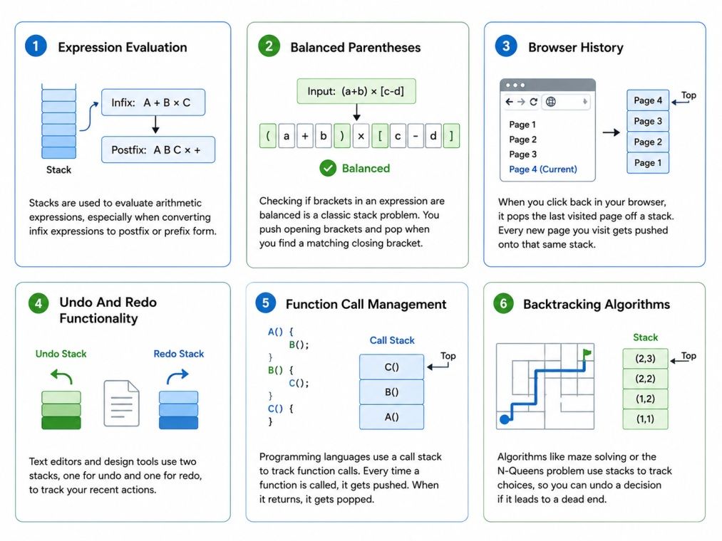 Infographic showing real-life applications of stacks using arrays, including expression evaluation, balanced parentheses, browser history, undo and redo, function call management, and backtracking algorithms.