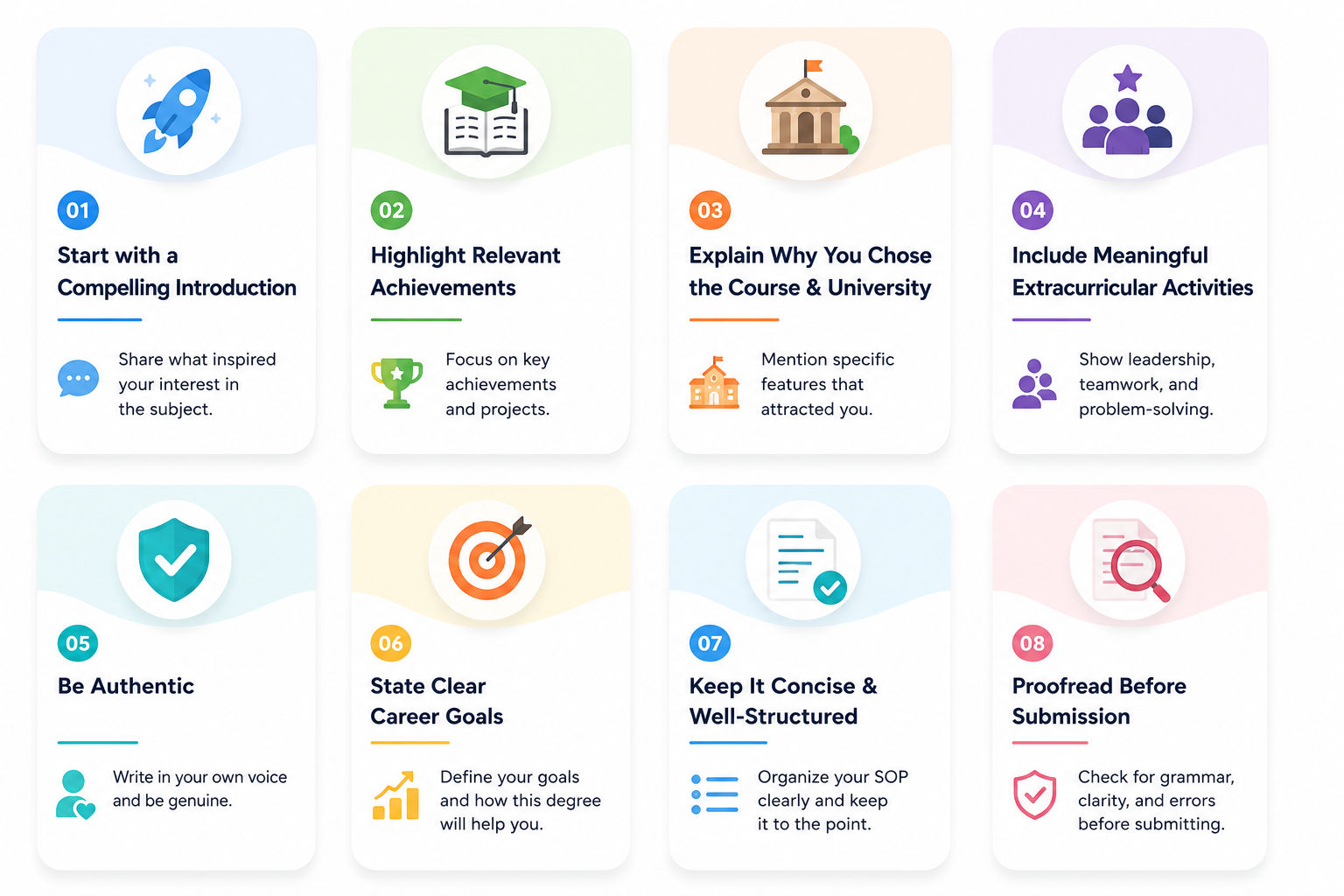 Infographic showing key tips for writing an undergraduate Statement of Purpose (SOP) in a clean card-based layout.