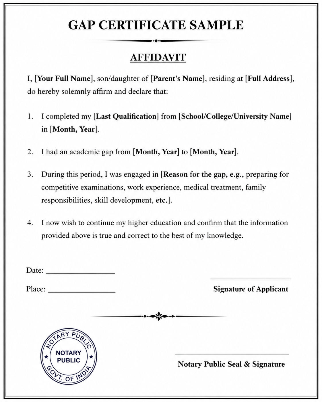 Sample gap certificate affidavit showing applicant details, education gap declaration, signature fields, and notary seal.