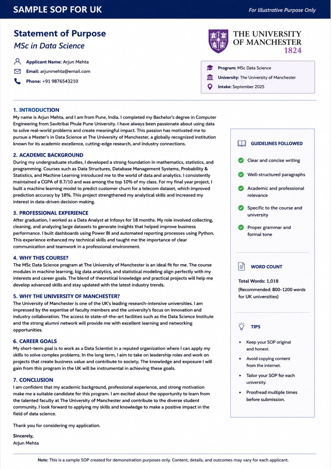 Sample SOP for UK universities showing the ideal statement of purpose format, structure, and sections for a master's application. Sample SOP for UK universities showing the ideal statement of purpose format, structure, and sections for a master's application.