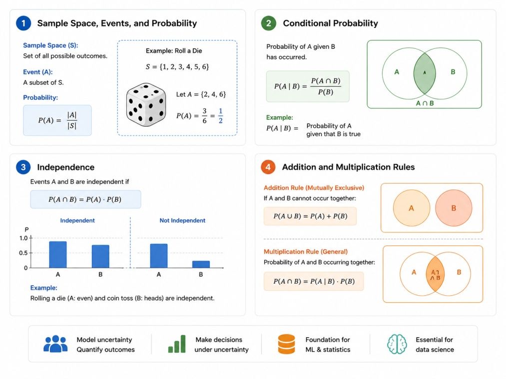 Core probability concepts infographic covering sample space, events, conditional probability, independence, and probability rules used in data science.