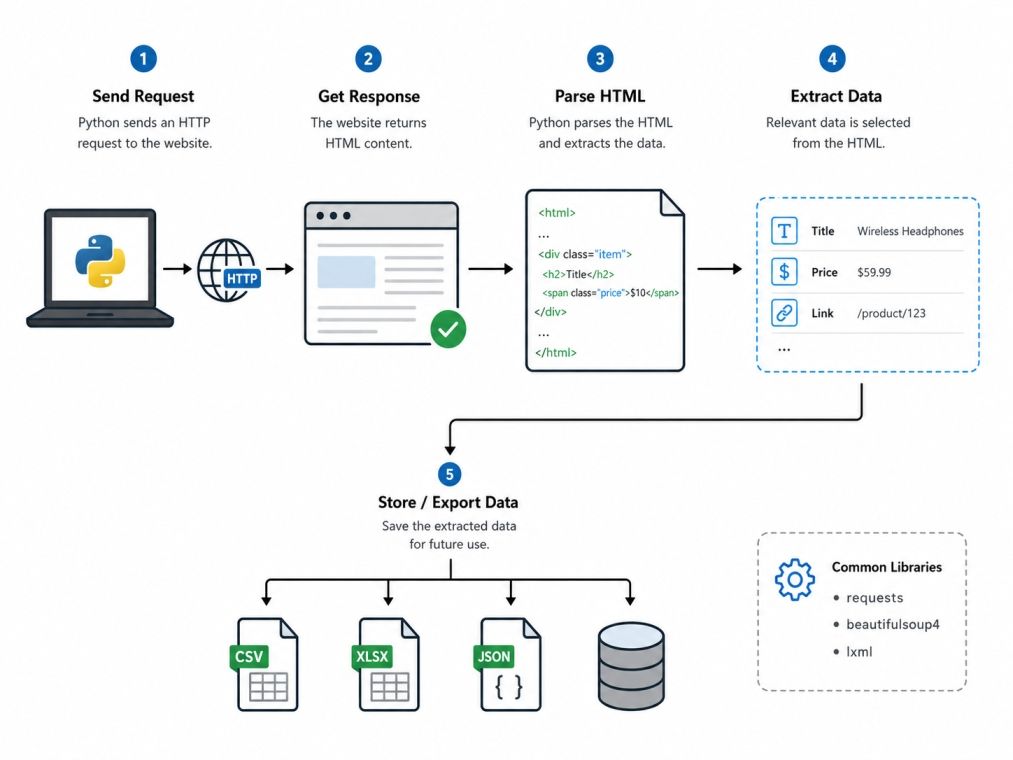 Python web scraping infographic showing a five-step workflow: send request, receive webpage response, parse HTML, extract data, and export results to CSV, XLSX, JSON, or a database. Clean white background with simple technical icons and minimal text.
