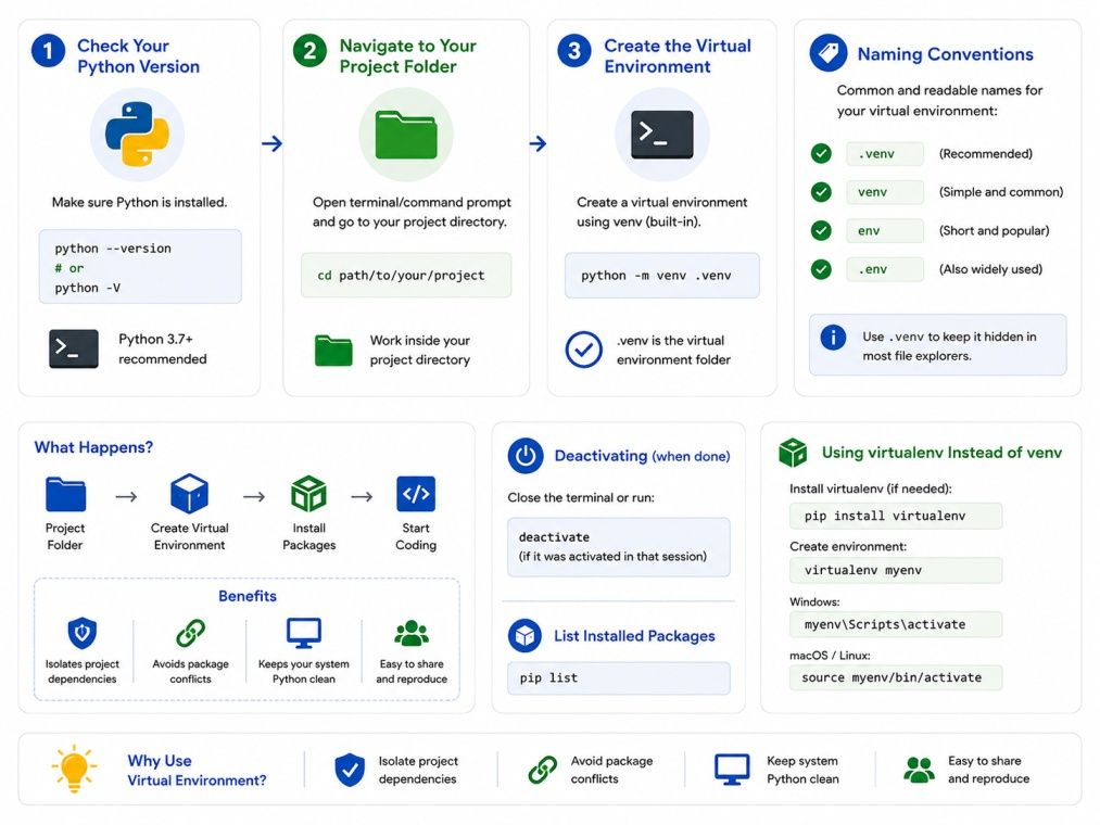 Python virtual environment infographic showing version check, project setup, environment creation, naming conventions, package isolation, and dependency management workflow. Python virtual environment infographic showing version check, project setup, environment creation, naming conventions, package isolation, and dependency management workflow.