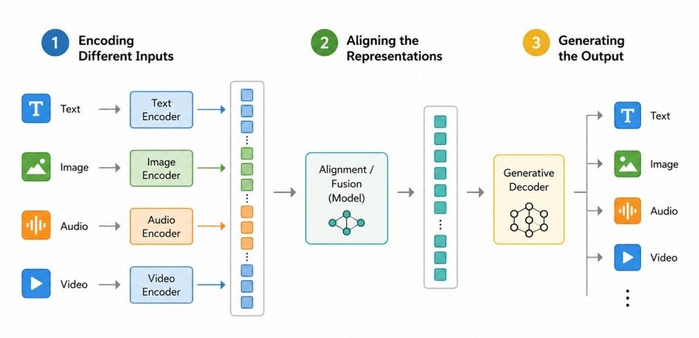 Diagram showing how multimodal generative AI works in three stages: encoding text, image, audio, and video inputs into embeddings, aligning them through a fusion model, and generating outputs such as text, images, audio, and video. Diagram showing how multimodal generative AI works in three stages: encoding text, image, audio, and video inputs into embeddings, aligning them through a fusion model, and generating outputs such as text, images, audio, and video.
